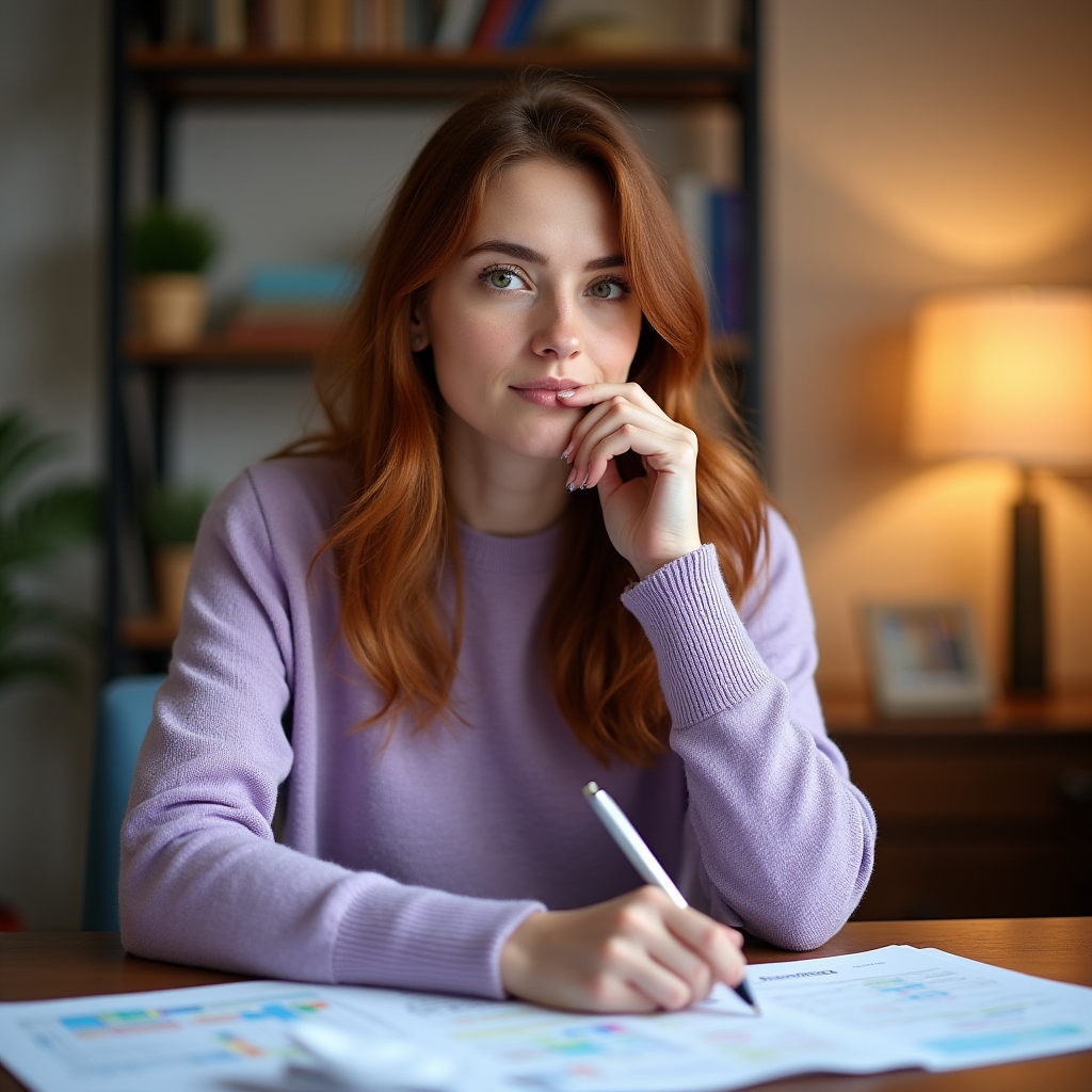 Young woman in her 30s sitting at a home desk reviewing financial worksheets with a focused expression