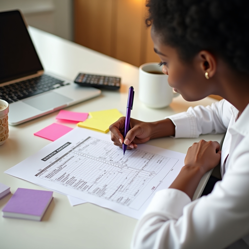Person reviewing budget spreadsheet with colorful sticky notes on a bright desk