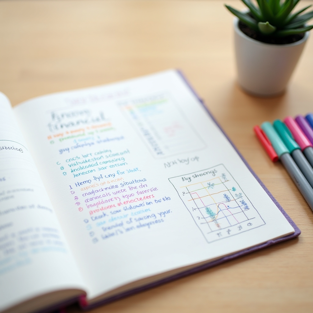 Open notebook with hand-written financial goals and colorful markers on a wooden desk