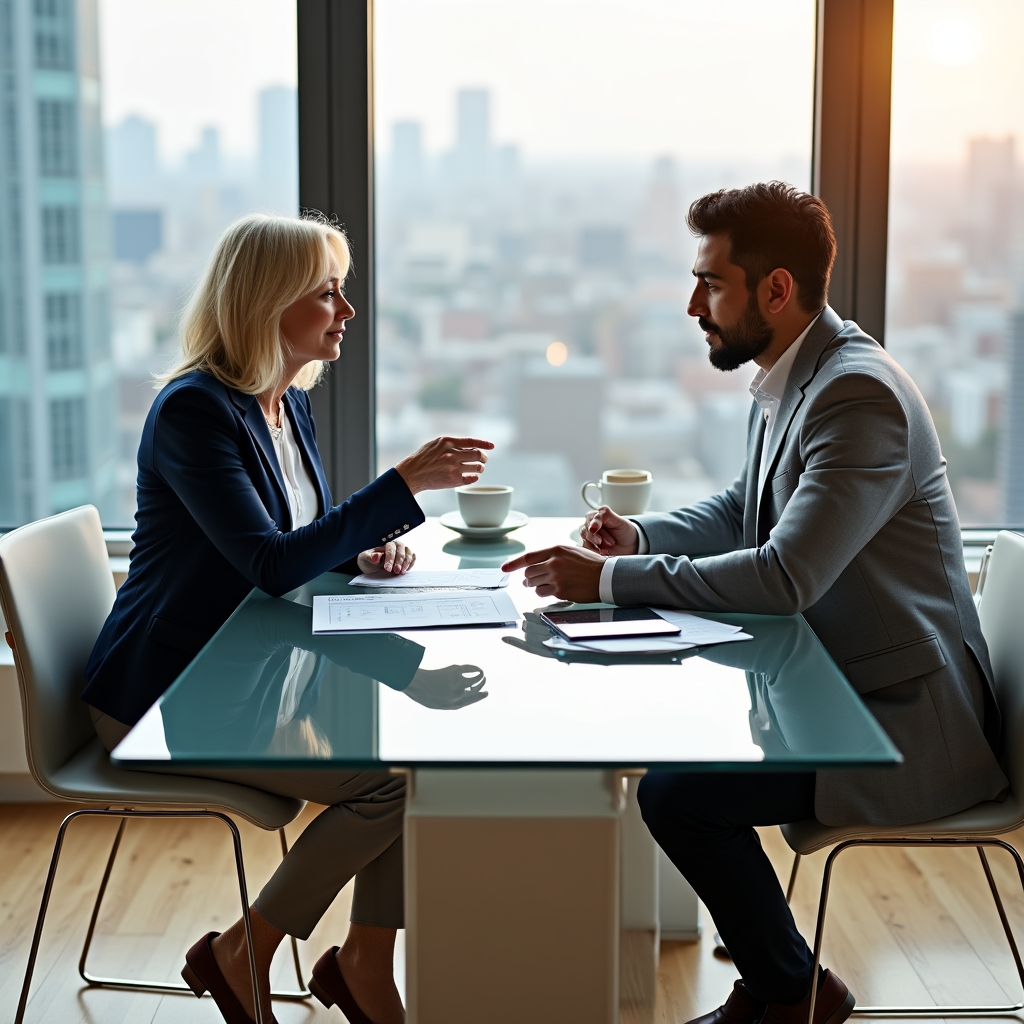 Two people collaborating over financial planning documents in a bright modern office setting