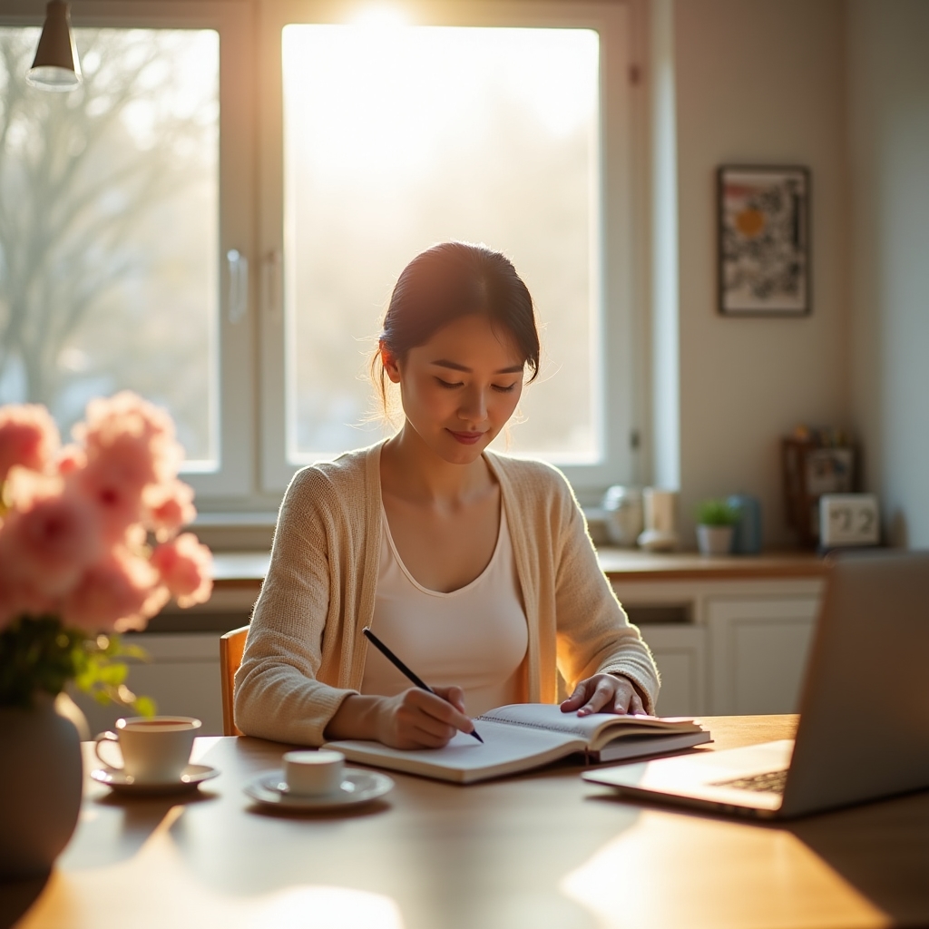 Woman writing in a journal at a bright kitchen table with morning light, peaceful expression